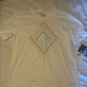 Hurley White Tee with Multicolor Geometric Design